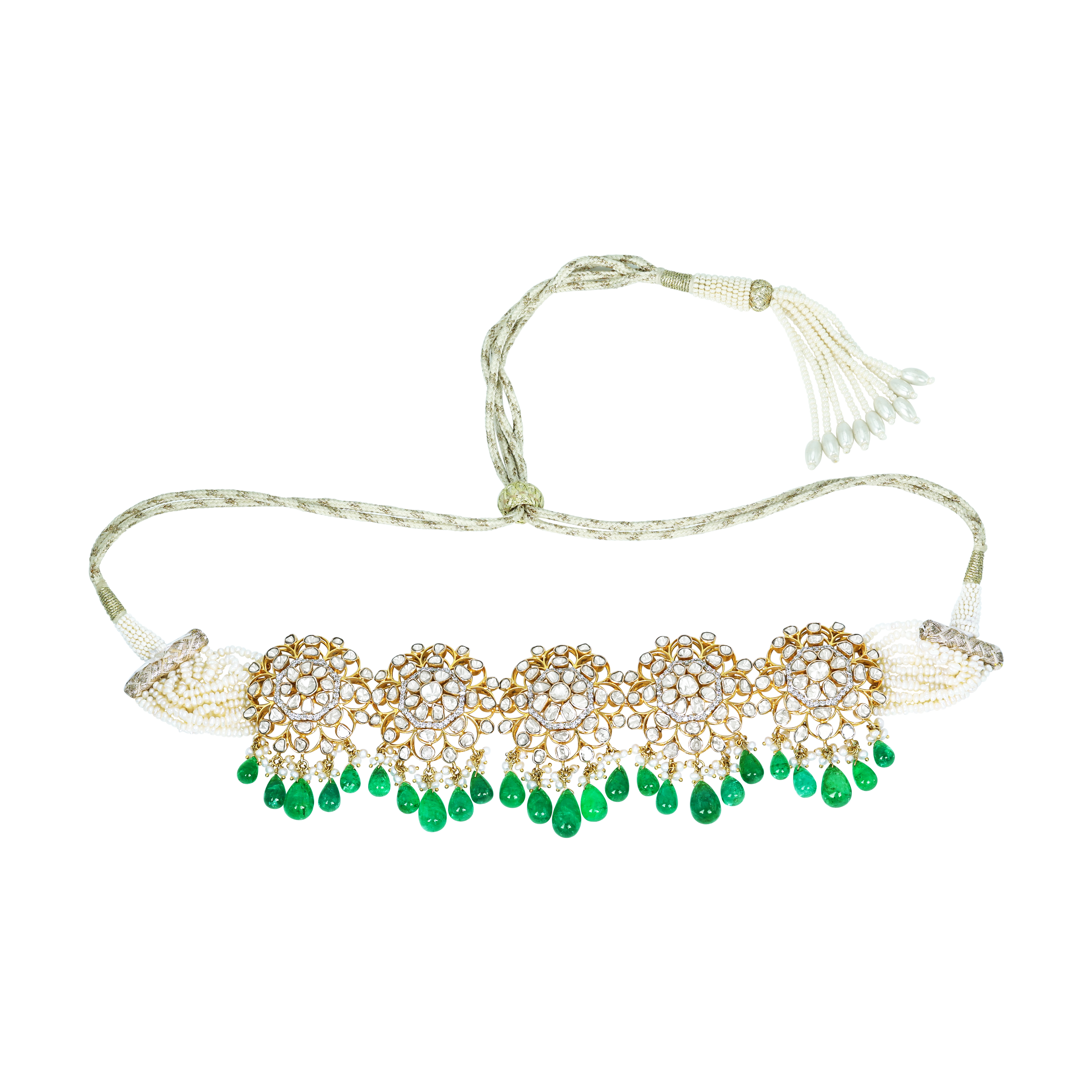 Polki Choker Set with Emerald Drops and Floral Motifs